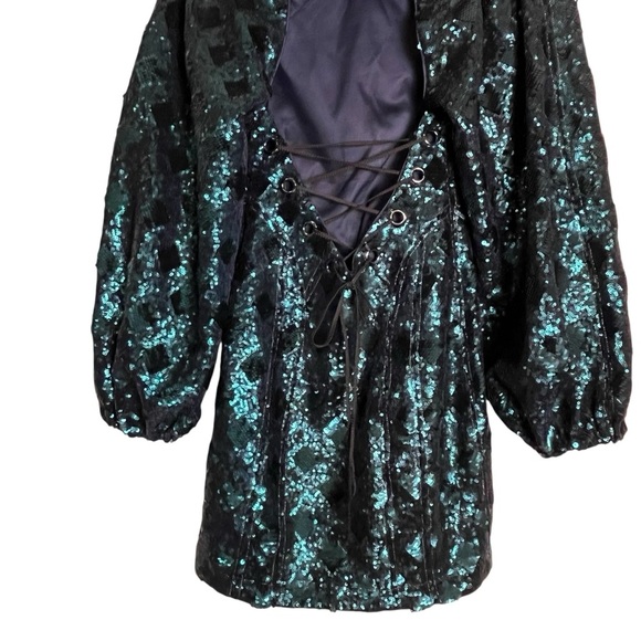 Free People Teal Sequined Chantes Holiday Backless Blouson Sleeves Dress Size 2 - Picture 12 of 16